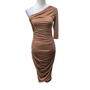 L’VOW STUDIO Brown 1 Shoulder MIDI Dress w/ Ruching / Size: Medium/ Item#1193-23